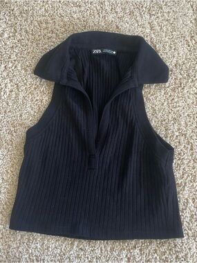Zara Black Ribbed Sleeveless Polo Top